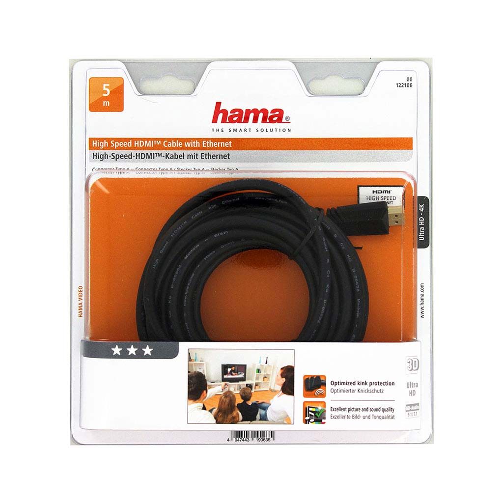 HAMA High Speed HDMI™ Cable, Plug-Plug, Ethernet, Gold-plated, 5m, Black HAMA122106